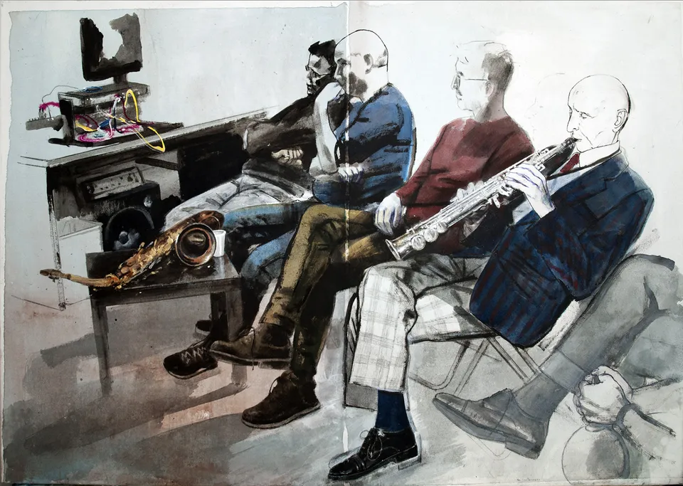 Francesco Santosuosso, Waiting to play, 2019, china e acrilici su carta di riso intelata, 100×70 cm